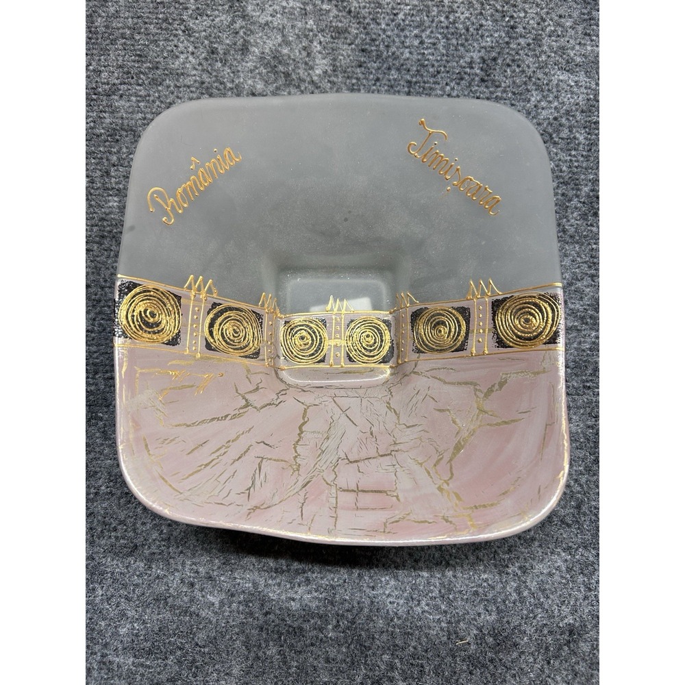 Romania Timisoara Pink Gold Trinket Dish Handcrafted Crystal 7x7 Souvenir Bowl